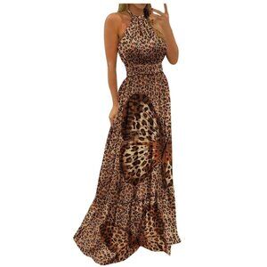 2/$50 NEW Leopard M Print Boho Halter Maxi Dress Butterfly Detail Sleeveless